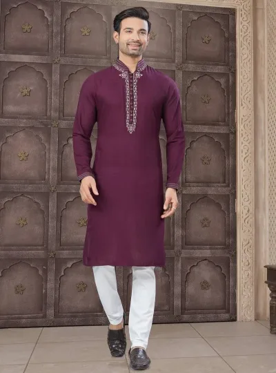Wine Colour Pure Cotton With Embroidery And Pintex Work Kurta Pajama Mens Wear